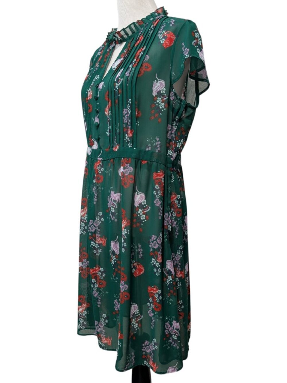 Modcloth Womens Size XL Green Floral Kitty Cats Sheer Ruffle Neck Retro Dress - Picture 3 of 12